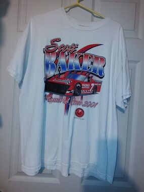 Delta White Racing Graphic Tee with Red and Blue Print